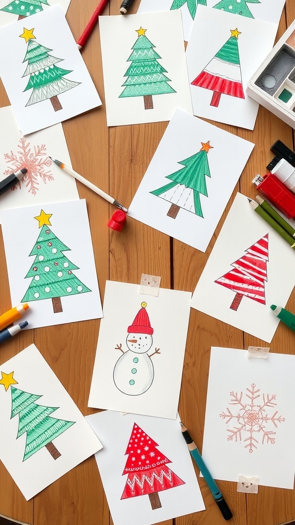 Hand-drawn Christmas cards with trees, snowmen, and snowflakes on a crafting table.